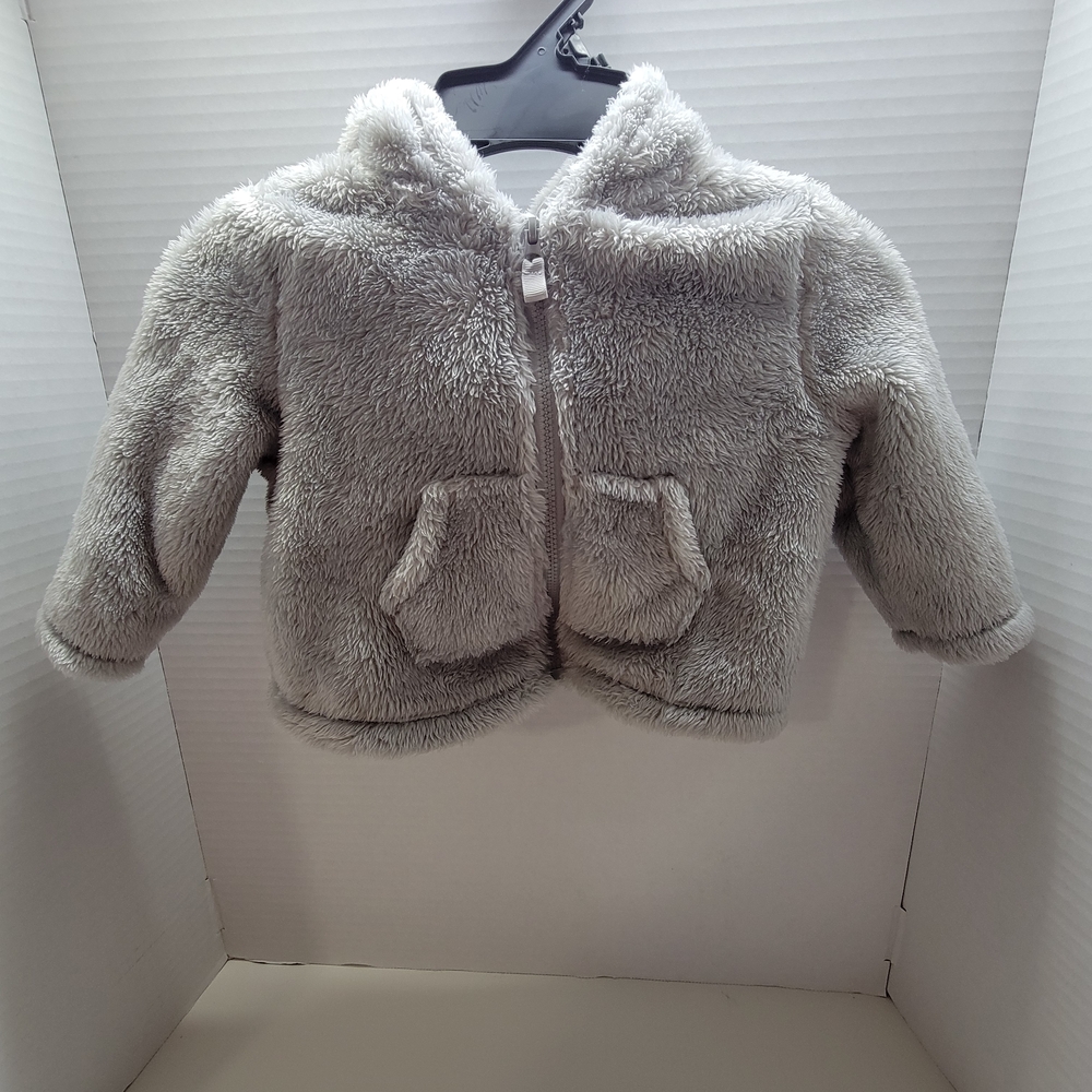 Baby Fuzzy Sherpa Hooded Jacket 6–9M Gray Zip Front Cozy Teddy Coat